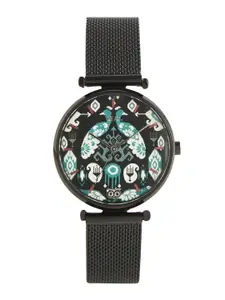 TEAL BY CHUMBAK Women Black Brass Embellished Dial & Black Stainless Steel Bracelet Style Straps Analogue Watch