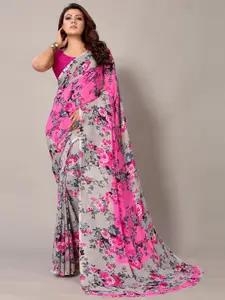Shaily Pink & Grey Floral Poly Georgette Saree