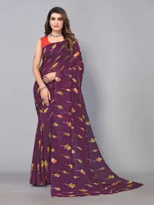 Shaily Purple Floral Poly Georgette Saree