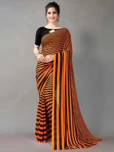 Shaily Orange & Black Striped Poly Georgette Saree
