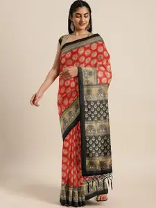Varanga Red & Gold-Toned Ethnic Motifs Zari Art Silk Block Print Saree