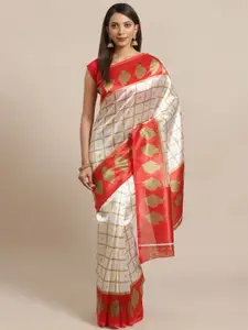Varanga White & Red Checked Art Silk Block Print Saree