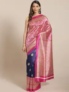 Varanga Pink & Navy Blue Ethnic Motifs Art Silk Half and Half Mysore Silk Saree