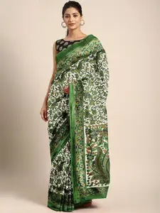 Varanga White & Green Floral Art Silk Block Print Saree