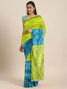 Varanga Green & Blue Ethnic Motifs Art Silk Block Print Saree