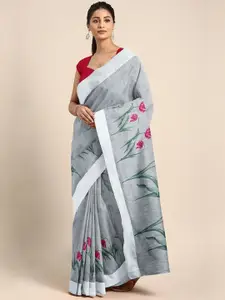 Varanga Grey & Pink Floral Linen Blend Block Print Saree