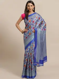 Varanga Blue & Orange Floral Art Silk Mysore Silk Saree