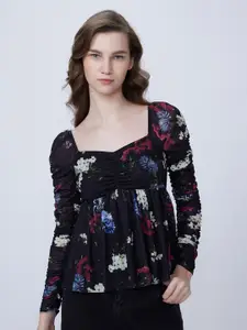 COVER STORY Black Floral Print Sweetheart Neck Top