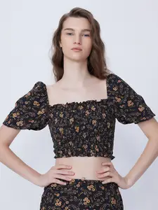 COVER STORY Olive Green Floral Print Crop Top