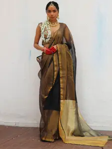 Chidiyaa Gold-Toned & Black Linen Blend Saree