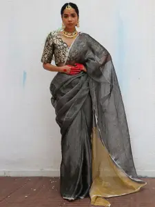 Chidiyaa Grey & Gold-Toned Linen Blend Saree