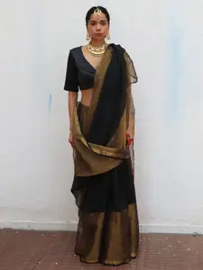 Chidiyaa Black & Gold-Toned Linen Blend Saree
