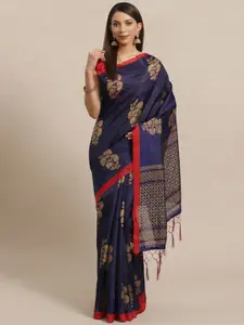 Varanga Navy Blue & Beige Floral Art Silk Mysore Silk Saree