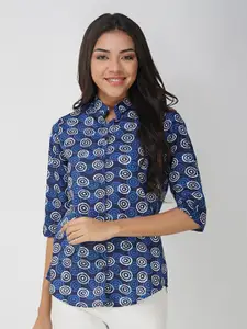 Vastraa Fusion Geometric Printed Mandarin Collar Cotton Shirt Style Top