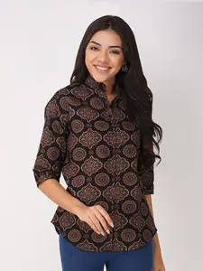 Vastraa Fusion Ethnic Motifs Printed Mandarin Collar Cotton Shirt Style Top