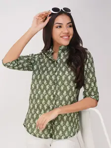 Vastraa Fusion Ethnic Motifs Printed Mandarin Collar Cotton Shirt Style Top