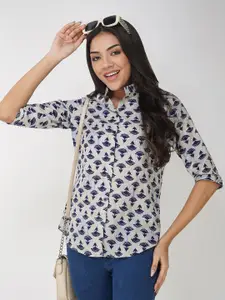 Vastraa Fusion Ethnic Motifs Printed Mandarin Collar Cotton Shirt Style Top