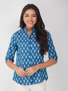 Vastraa Fusion Ethnic Motifs Printed Mandarin Collar Cotton Shirt Style Top