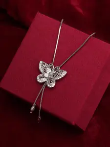 Mali Fionna Silver-Plated CZ-Stone Studded Butterfly-Shape Pendant With Chain
