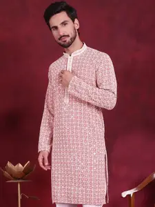 Anouk Peach-Coloured & Off White Geometric Embroidered Sequinned Straight Kurta