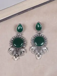FIROZA Green & Silver-Toned Animal Shaped Drop Earrings