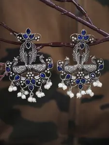 FIROZA Blue & Silver-Toned Peacock Shaped Drop Earrings