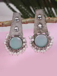 FIROZA Green & Silver-Toned Contemporary Drop Earrings
