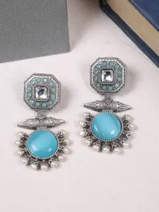 FIROZA Firoza Sawariya Artificial Stones-Studded Geometric Oxidised Drop Earrings