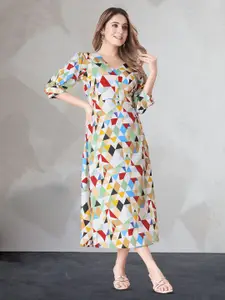 N N ENTERPRISE Geometric Print Cuff Sleeve A-Line Midi Dress