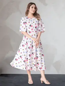 N N ENTERPRISE Floral Print Flared Sleeve Fit & Flare Midi Dress