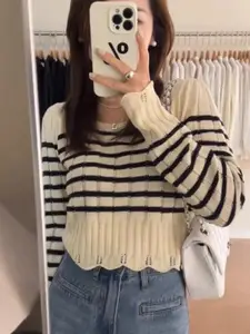 StyleCast Girls Cream-Coloured Horizontal Stripes Round Neck Long Sleeves Crop Top