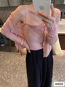 StyleCast Pink Girls Ribbed Shawl Collar Long Sleeves Front-Open Sweater