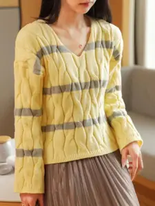 StyleCast Girls Yellow Cable Knit Self Design V-Neck Acrylic Pullover Sweater