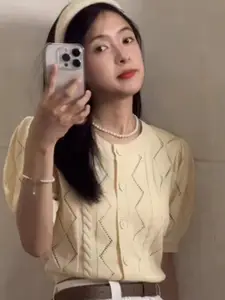 StyleCast Self Designed Puff Sleeves Acrylic Top