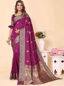Ekta Textiles Purple & Green Ethnic Motifs Woven Design Zari Pure Silk Banarasi Saree