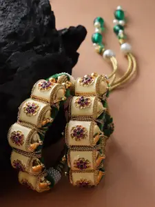 Sanjog Women Set of 2 Gold-Plated Kundan Thread Meenakari Rajasthani Bridal Pochi Bracelet