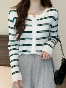 StyleCast Girls White Striped Front-Open Sweatshirt