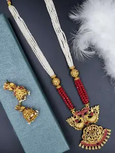 Anouk Maroon Gold-Plated Kundan-Studded & Beaded Necklace & Earrings