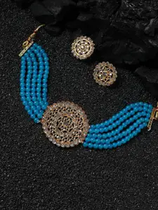 Anouk Blue Gold-Plated Stone & Beads Studded Chocker & Studs Earrings