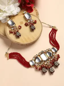 Anouk Red Gold-Plated Stone-Studded Chocker & Drop Earrings