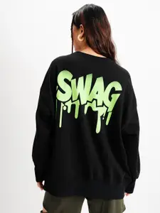 FREAKINS Typography Printed Drop-Shoulder Sleeves Pullover Sweatshirt With Attached Teddy