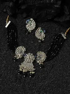 Anouk Black Silver-Plated Stone-Studded & Beaded Necklace & Earrings