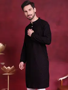 Jompers Geometric Embroidered Band Collar Pure Cotton Chikankari Straight Kurta