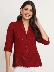 angloindu Ethnic Motifs Embroidered Shawl Collar Sequinned Cotton Shirt Style Top