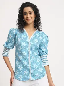 angloindu Women Blue Floral Opaque Printed Casual Shirt