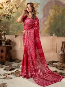 VASTRANAND Red Colourblocked Mirror Work Pure Cotton Designer Bagru Saree