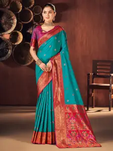 Mitera Blue & Pink Woven Design Zari Silk Blend Designer Paithani Saree
