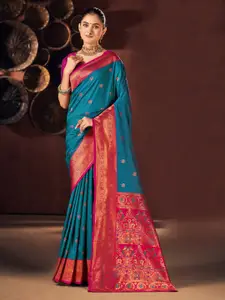 Mitera Blue & Pink Woven Design Zari Silk Blend Designer Paithani Saree