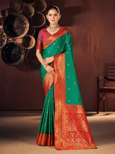 Mitera Green & Red Woven Design Zari Silk Blend Designer Paithani Saree