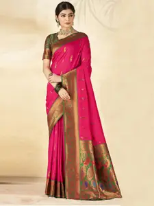 Mitera Pink & Green Woven Design Zari Silk Blend Designer Paithani Saree